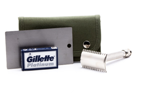 WWI Open Comb Double Edge Safety Razor Travel "Khaki" Set w/ Mirror | Nickel Head Revamp w/ Replica Handle